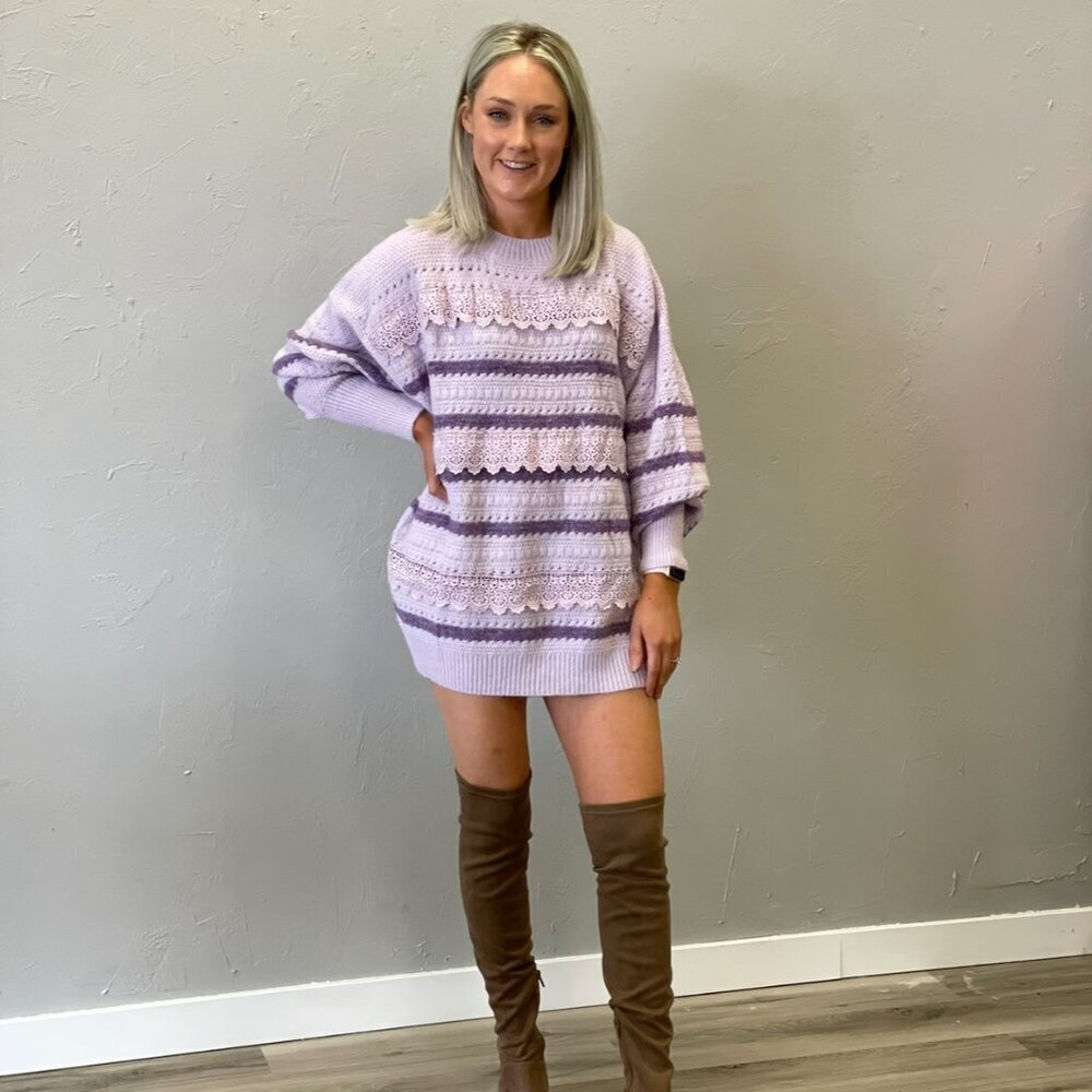 Purple Fringe Chunky Knit Lace Sweater Striped Ribbed Oversized - Picture 6 of 14